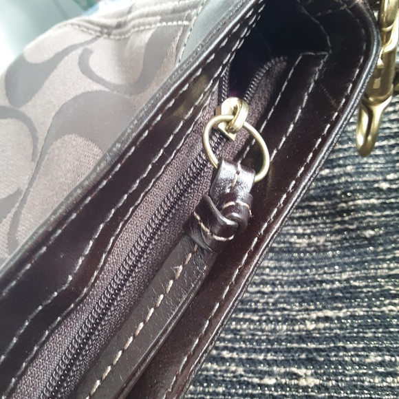 Coach Brown Signature Stripe Canvas Small Shoulder Bag Purse Leather Trim - Picture 10 of 12